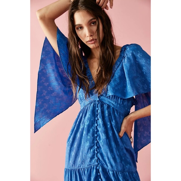 Free People Cha Cha Floral Button Front Cape Style Ruffle Hem Maxi Dress - Picture 2 of 13
